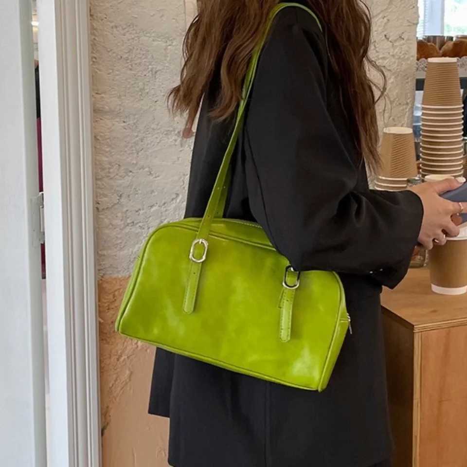 Simple Green Boston Bag Korean Style Solid Color Underarm Bag Pillow Bag PU Leather Shoulder Bag for Daily Use Y250719
