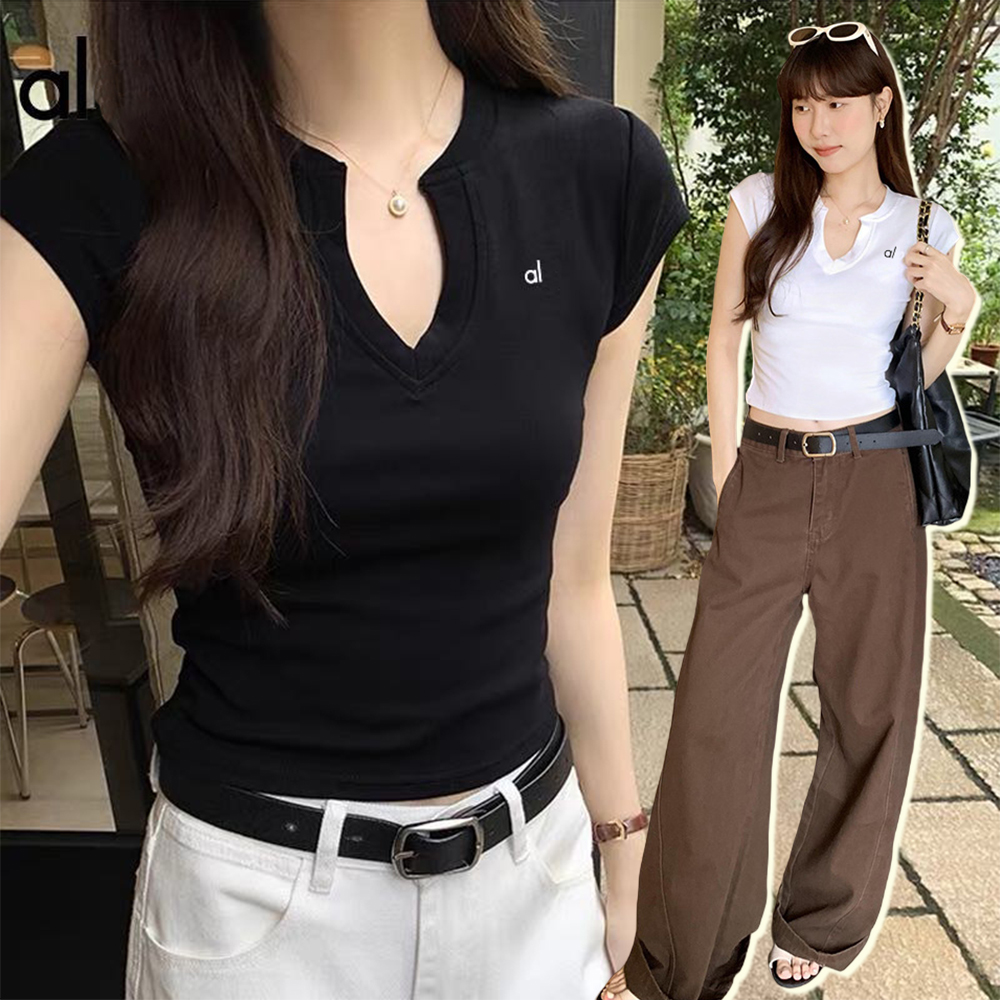 Summer V-Neck T-shirt Girl Button Half Open Collar Tee Shirt Short Sleeve Slim Fit Top Women's Fashion Trend Casual Breathable Yoga Sport Tees