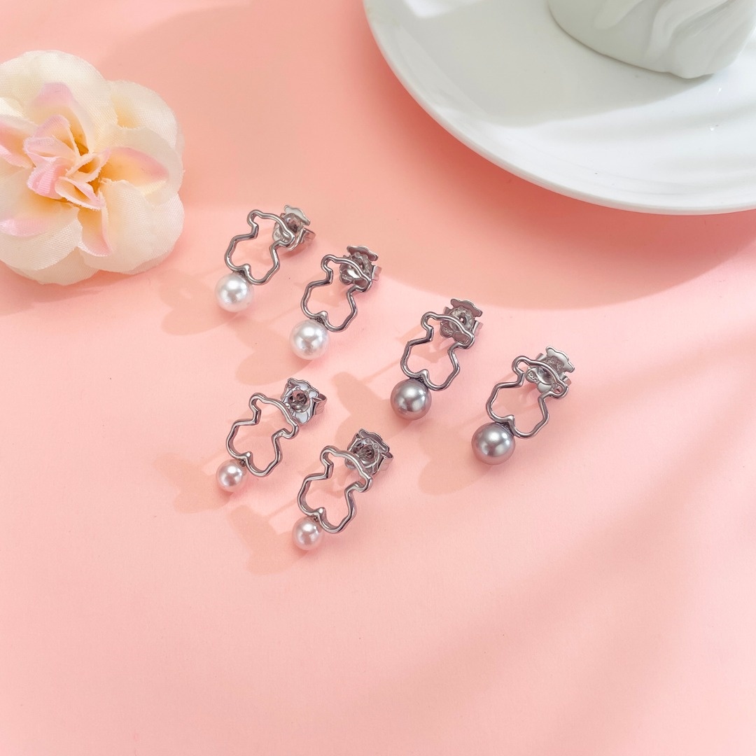Fashion Women Men Girls Bear Silver Gold Stainless Steel Hollow White Pearl Round Animal Span Stud Earrings Jewelry