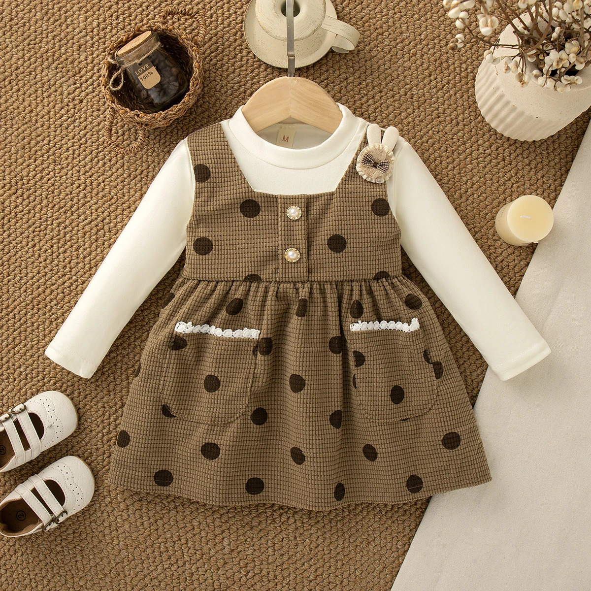 Spring And Autumn Black Polka Dot Baby Girl Dress Beige Long Sleeved ChildrenS Clothing For Babies Aged 0-3 Years Old 250715