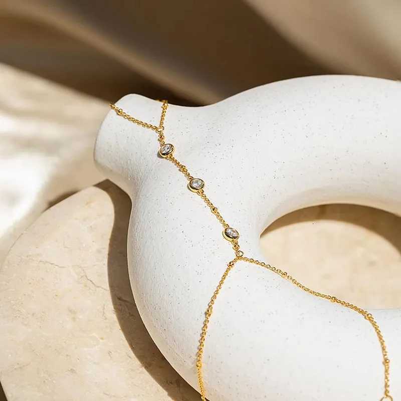 14k Gold Plated Hand Chain Ring Bracelet Jewelry for Women Girls Dainty Trend 2024 Summer Adjustable Chain Zircon Finger Ring XJ250715