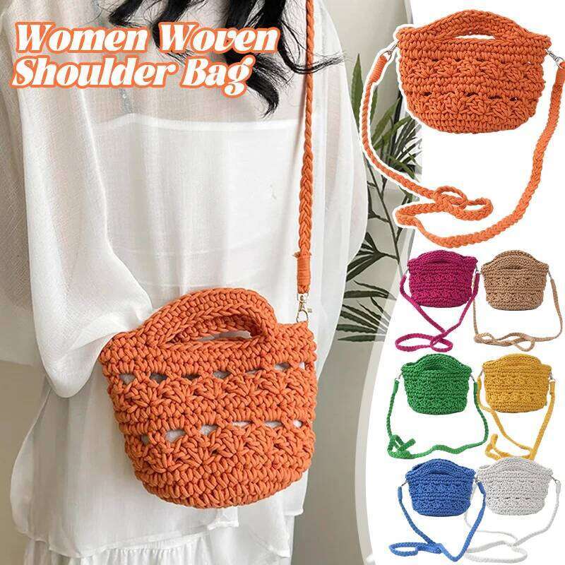 Women's Knitted Shoulder Bag Crossbody Handbag Fashion Korean Girl Casual Crochet Cotton Rope Weaving Mobile Phone Bags
