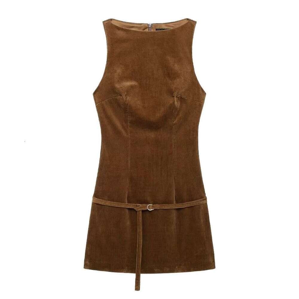 TRAFZA Spring And Autumn New Women's Fashion Hot Girl Belted Corduroy Dress B5