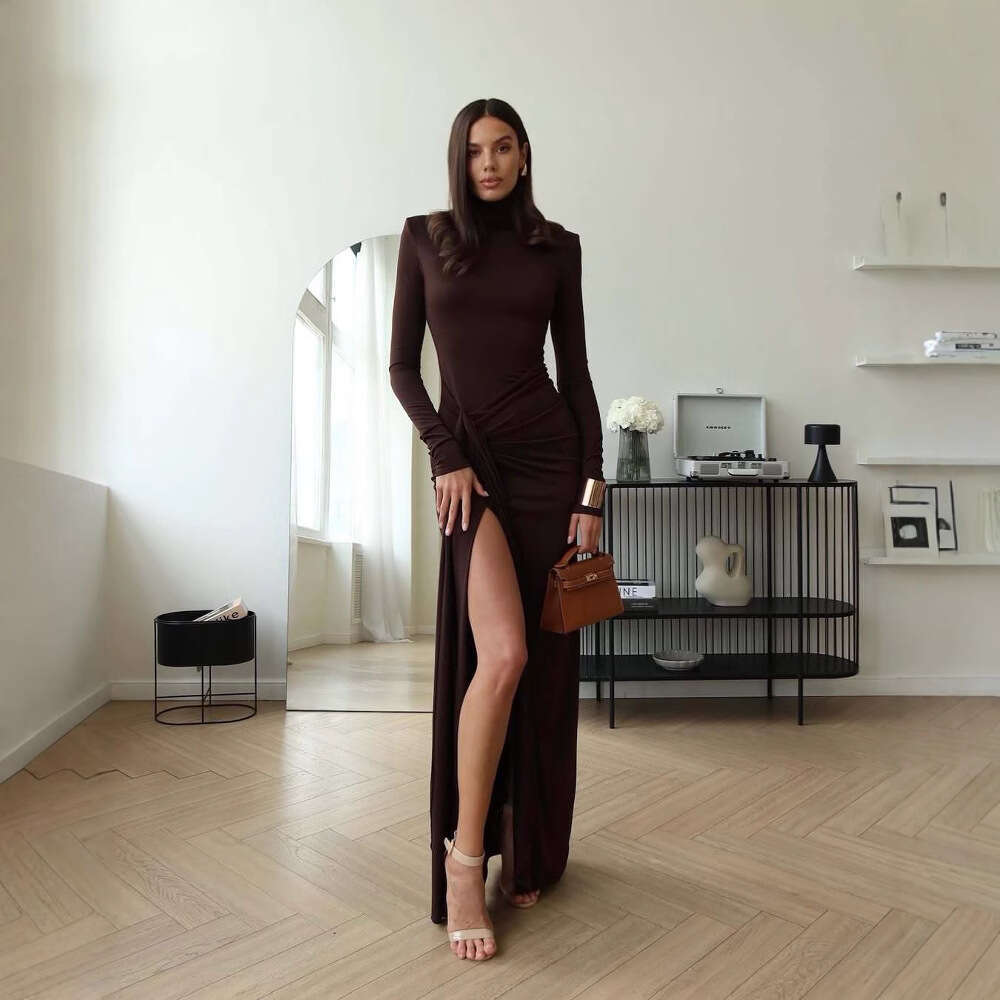 Spring New Women's Solid Color Half High Collar Sexy Waist-Cinching Elegant Fashion Dress B5