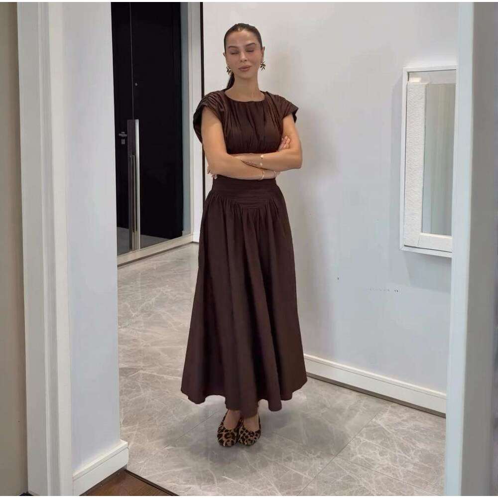 New Sweet Pure Desire Waist-Cinching Slimming A-Line French Style Girl Pleated Patchwork Short Sleeve Mid-Length Dress For Women B5