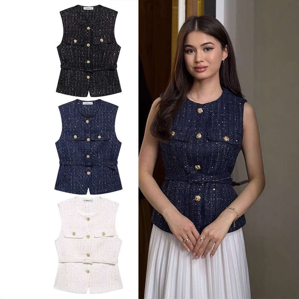 TRAFZA Spring Elegant Metal Button Sleeveless Round Neck Slim Fit Jacket Women Belt Decorated Beaded Vest B5