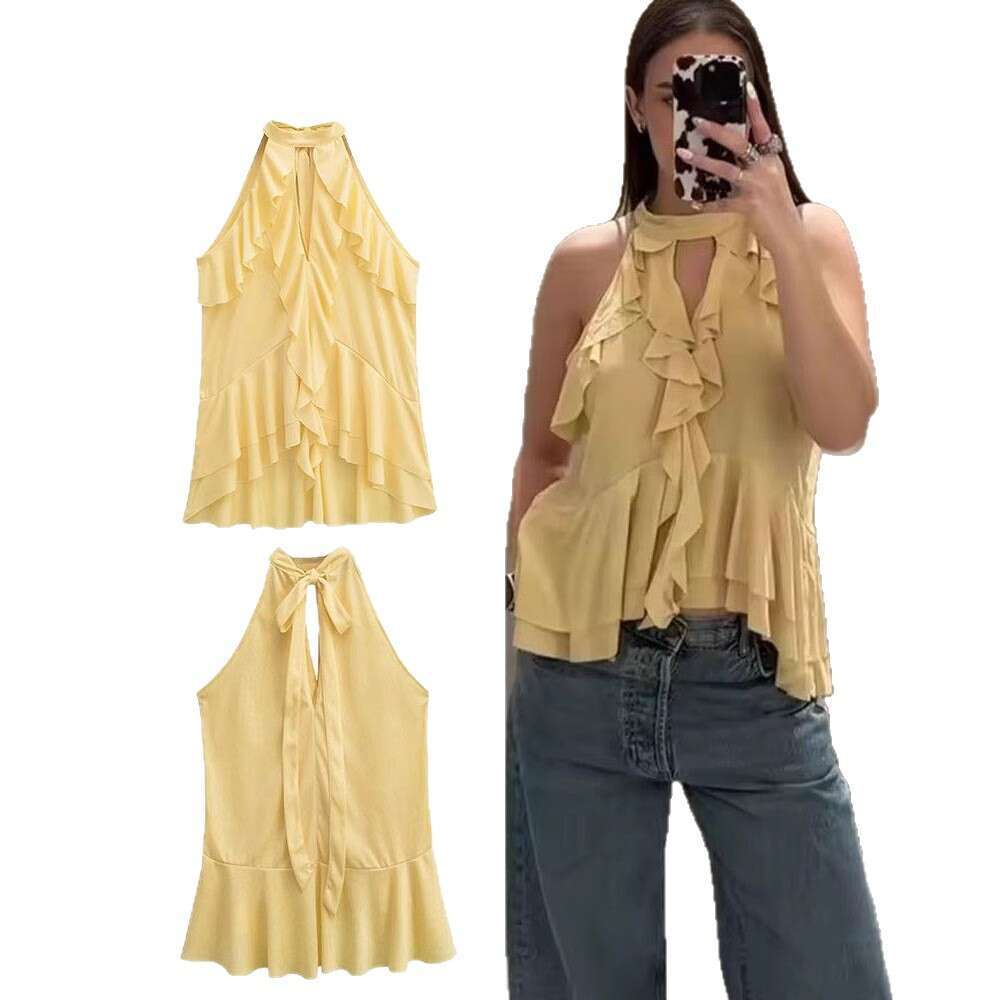 TRAFZA Women's Fashion Spring New Layered Decorative Halter Neck Top B5