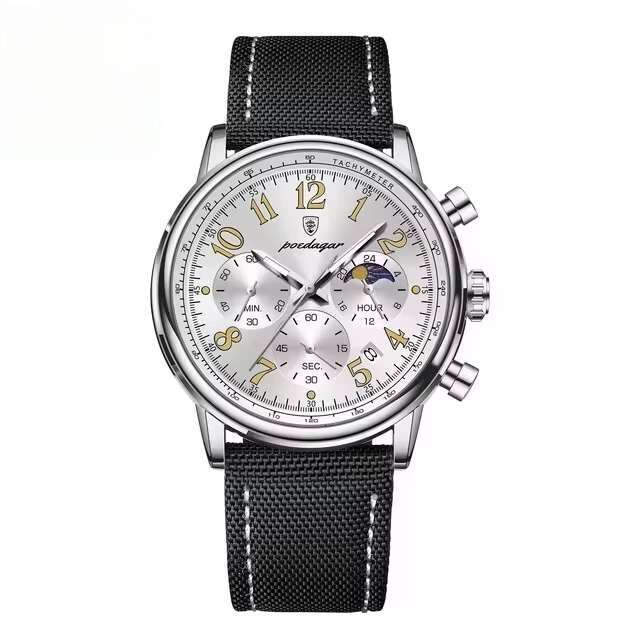 DHgargets Men's Multifunction Watch - 30M Waterproof Chronograph with Moon Phase & Date, Rose Gold Accent Canvas Strap (Model 808)