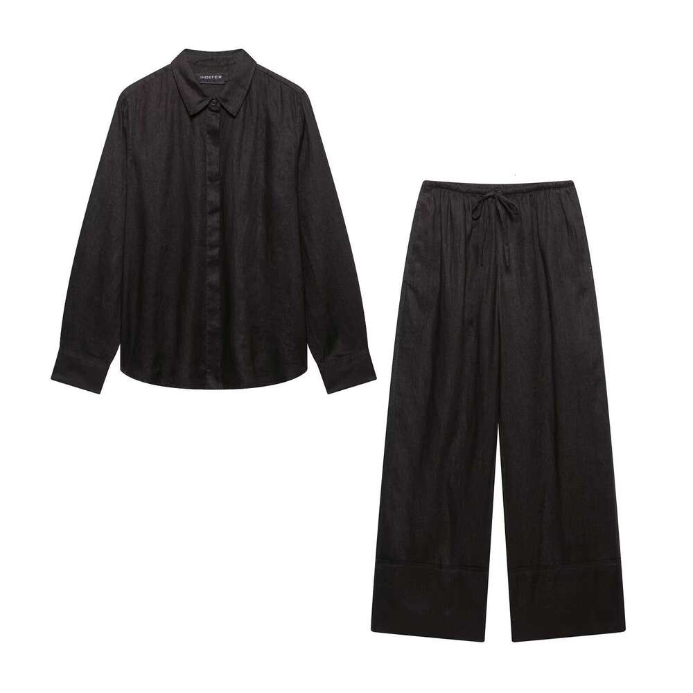 TRAFZA Spring Summer New Style Women's Fashion Casual Turn-Down Collar Long Sleeve Shirt Wide-Leg Pants Set B5
