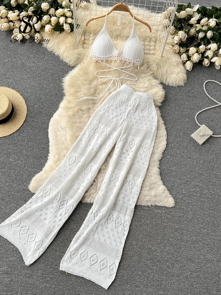 SINGREINY Women Summer Knitted Set Halter Short Tops Hollow Wide Leg Long Pants Sets Shell Beach Sexy Backless Two Piece Suits 250714