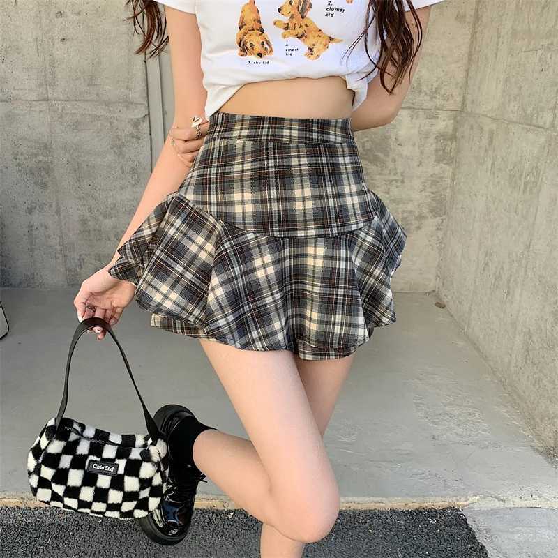 Tiered Mini Skirt Y2K High Waist Tartan Ruffled Plaid Skirt Skort Women Aesthetic Outfit R250728