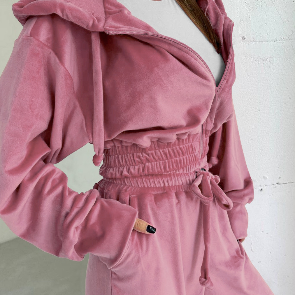 new Free shipping designer for women Solid color hooded casual zipper sports suit suede jacket long pants two piece set