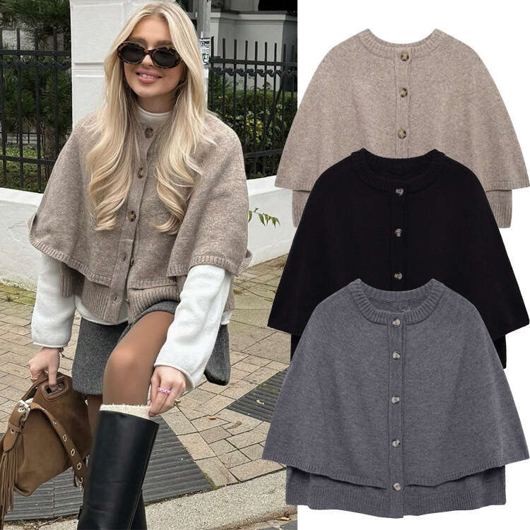 TRAFZA Early Spring And Autumn New Style Women's Fashion Casual Round Neck Knitted Shawl Short Coat B5
