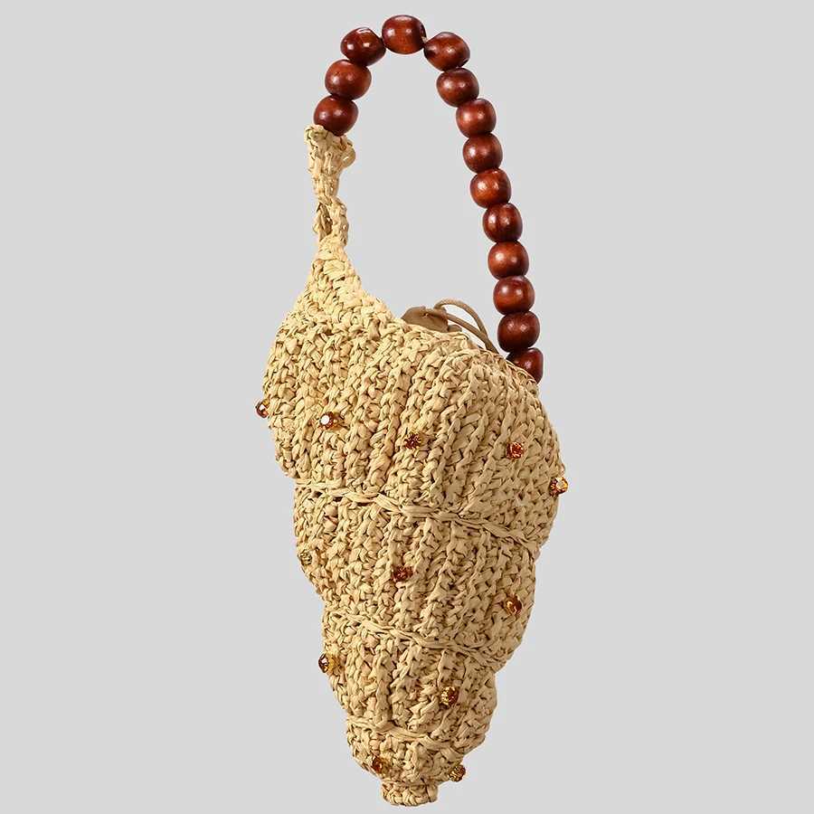 Creative Diamonds Conch Design Bag Handmade Woven Women Handbags Wooden Beading Strap Shoulder Bags Funny Summer Beach Bag