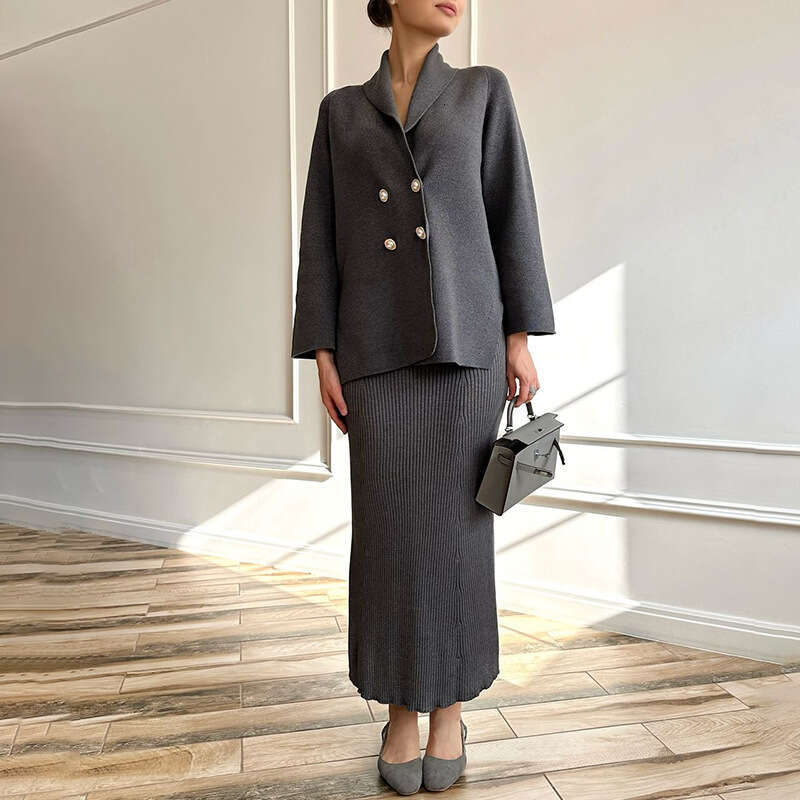 Spring New Women's Solid Color Long Sleeve Button Jacket And Skirt Fashion Set B5