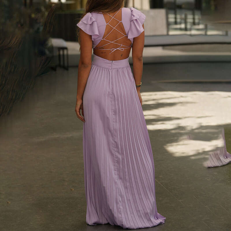 Summer New Women's Fashion V-Neck Satin Backless Elegant Waist-Cinching Dress B5