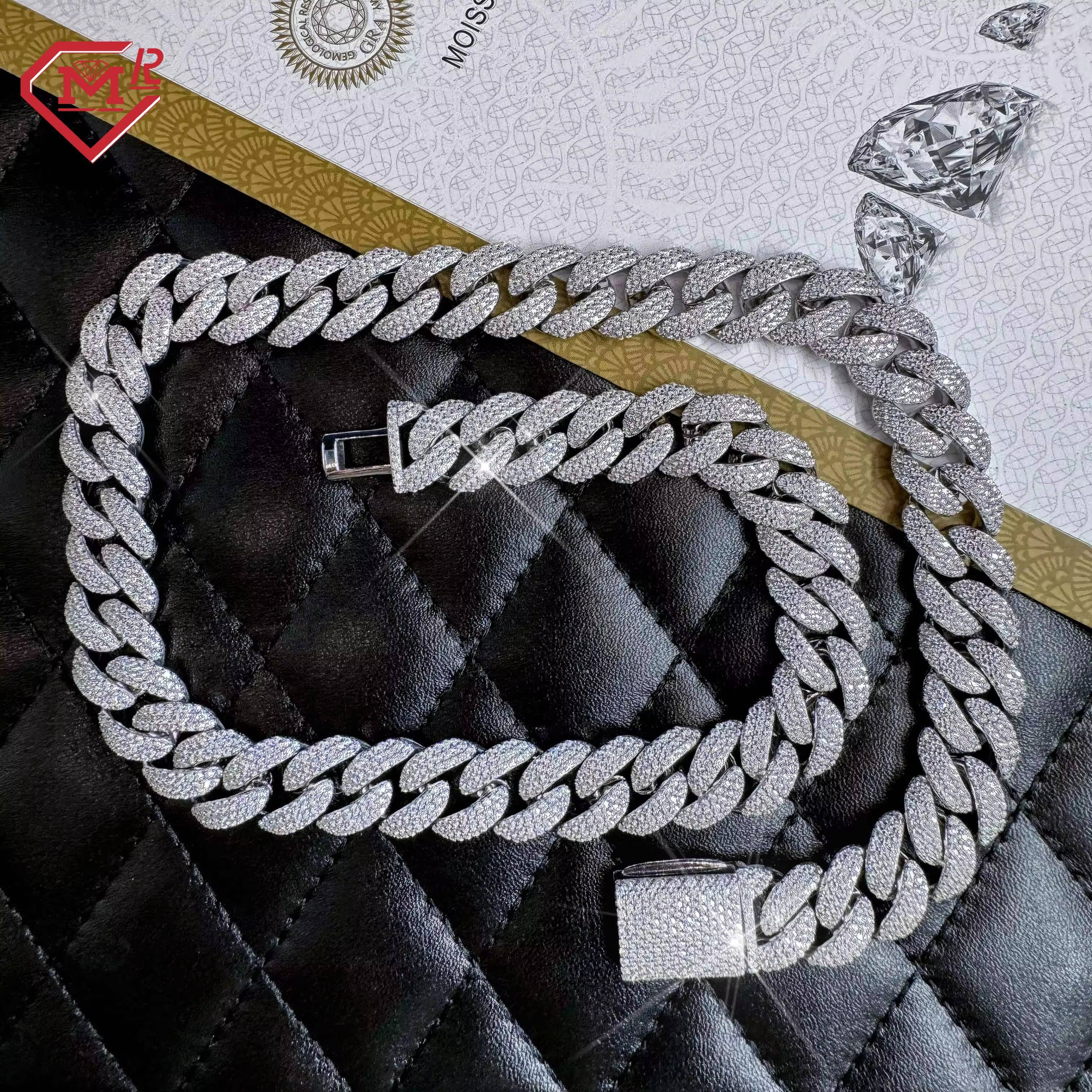 Hiphop Jewelry Cuban Link Chain Rhodium Plated Miami 925 Silver Necklace Moissanite Cuban Link Chain