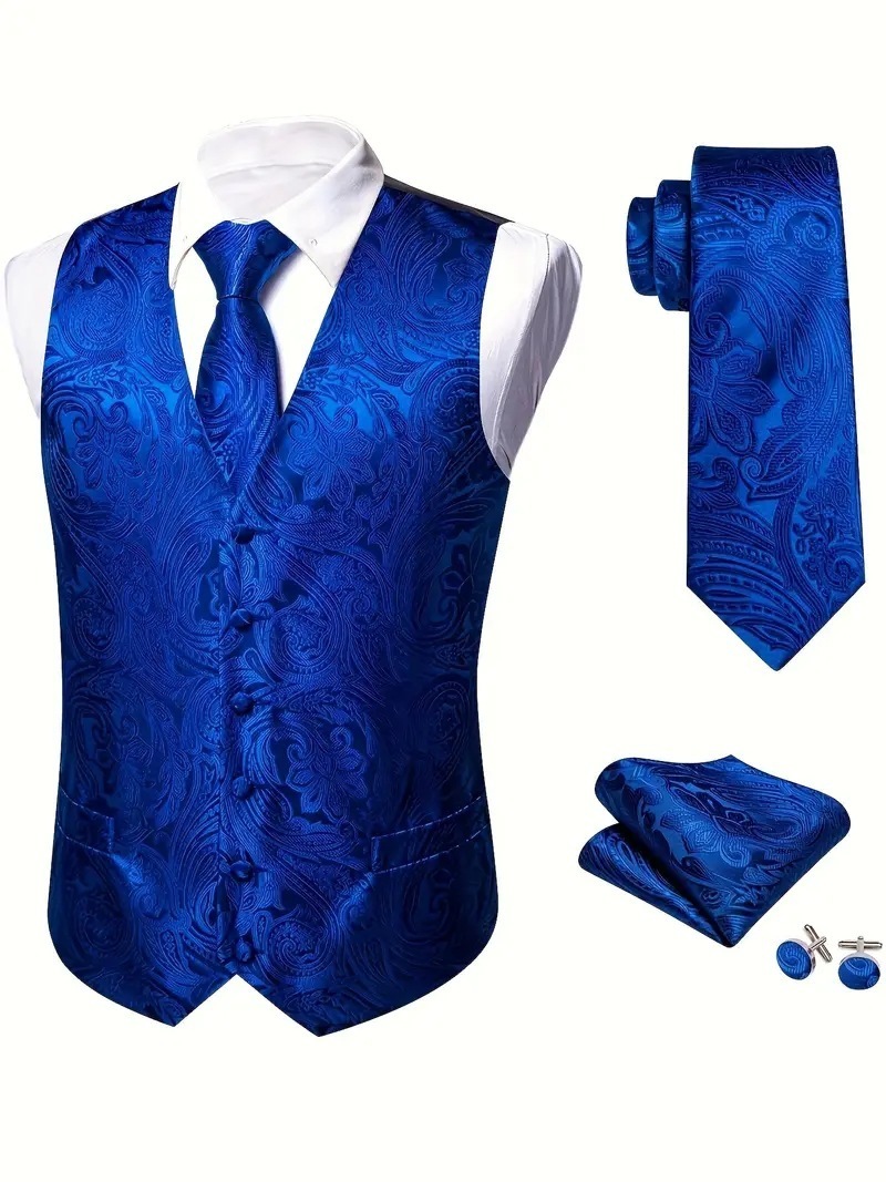 Golden black silk mens vest tie pocket square cufflinks set jacquard waistcoat sleeveless jacket mens wedding business Barry. King 240814