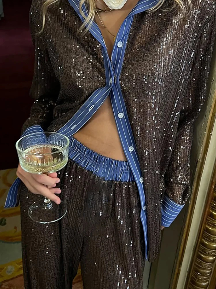 Mozision Sequin Loose Pants Two Piece Sets Women Patchwork Long Sleeve Shirt And Trouser Female Elegant Long Pants 2 Piece Sets 250714