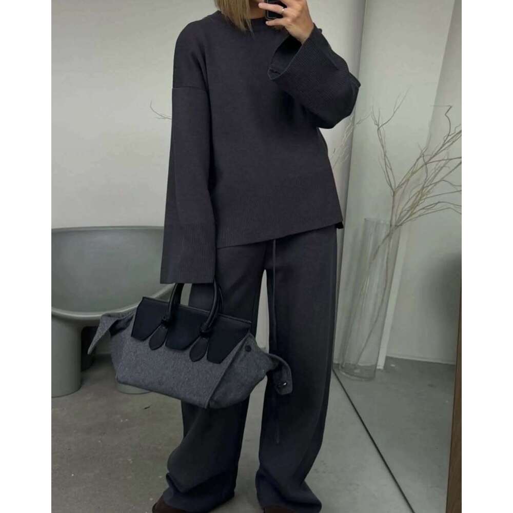 Women's Clothing Spring New Solid Color Round Neck Fashion Casual Wide Leg Pants Sweater Set For Women B5