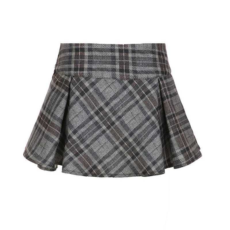 Academia Style Plaid Ruched Womens A-Line Skirts Fashion All-Match Button Bow Design Mini Skirts Korean R250728
