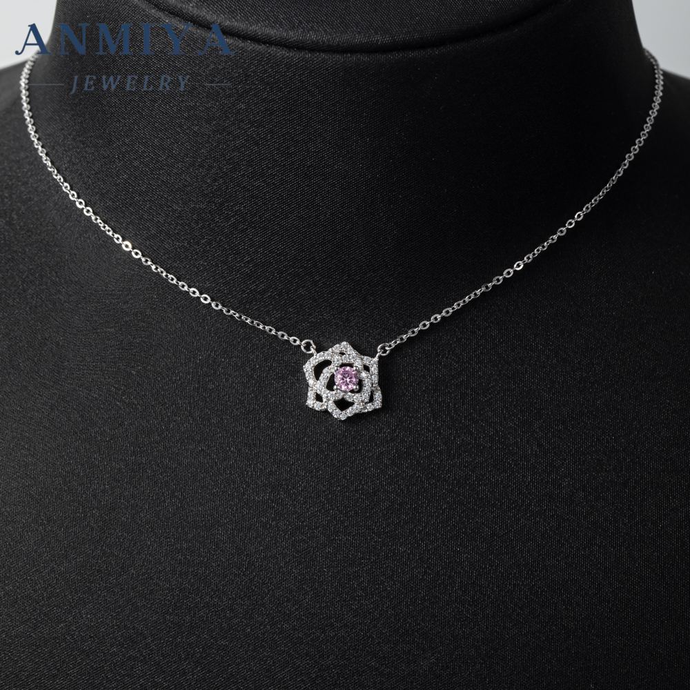 Custom 925 Sterling Silver pink Rose Shape Round Brilliant Cut Zirconia Necklace Pendant for Women
