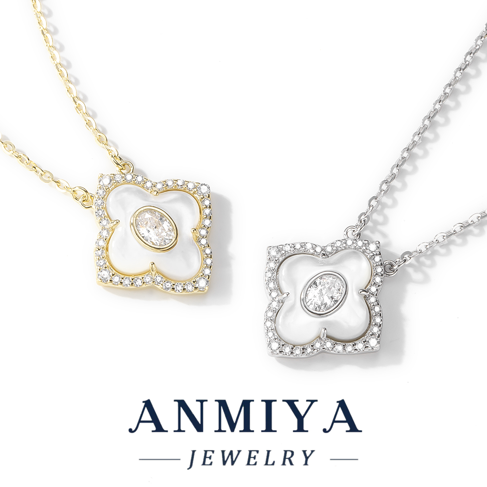 Unisex 925 Sterling Silver Four Leaf Clover Pendant Necklace Customizable with White Shell and Zircon for Engagement