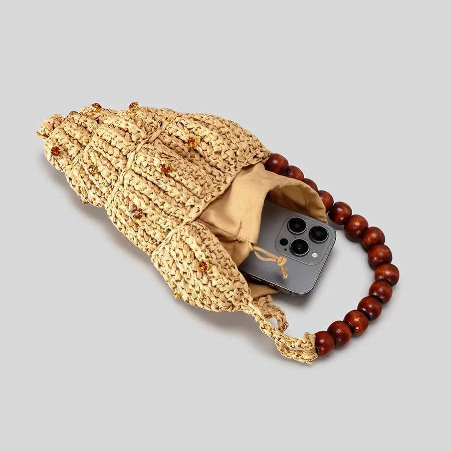 Creative Diamonds Conch Design Bag Handmade Woven Women Handbags Wooden Beading Strap Shoulder Bags Funny Summer Beach Bag