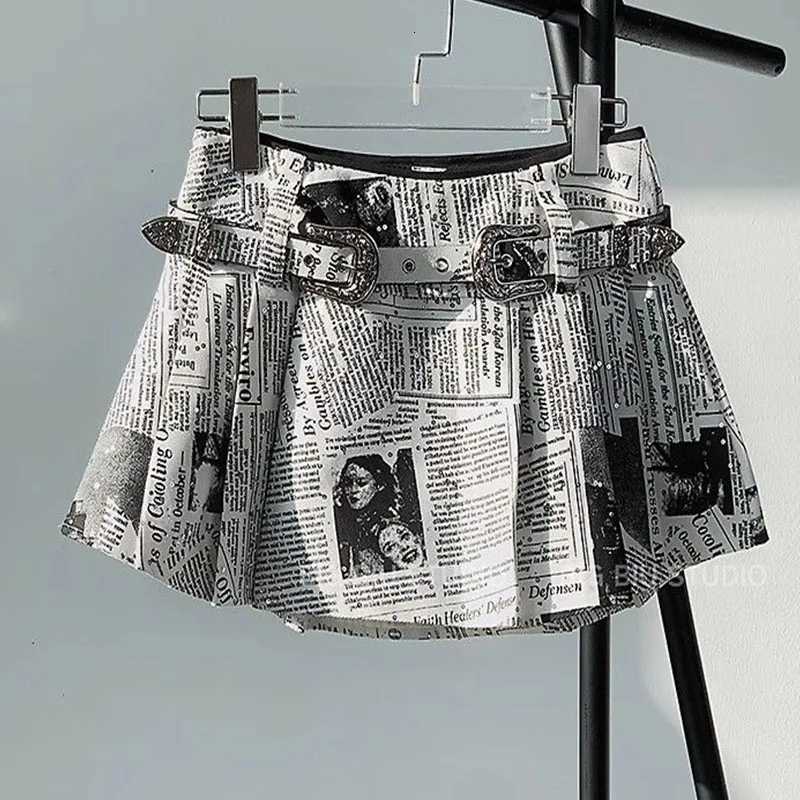 Sexy Newspaper Printed Skirt Women Summer Streetwear Belt High Waist A Line Short Pleated Skirts Girls Casual Shorts Saia Female R250715