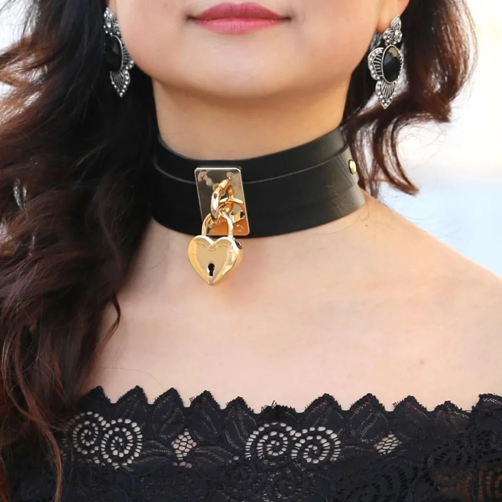 KMVEXO Gold Color Heart Choker Necklace Leather Collar Goth Maxi Harness Necklaces Women Black Gothic Chocker Punk Jewelry 250714
