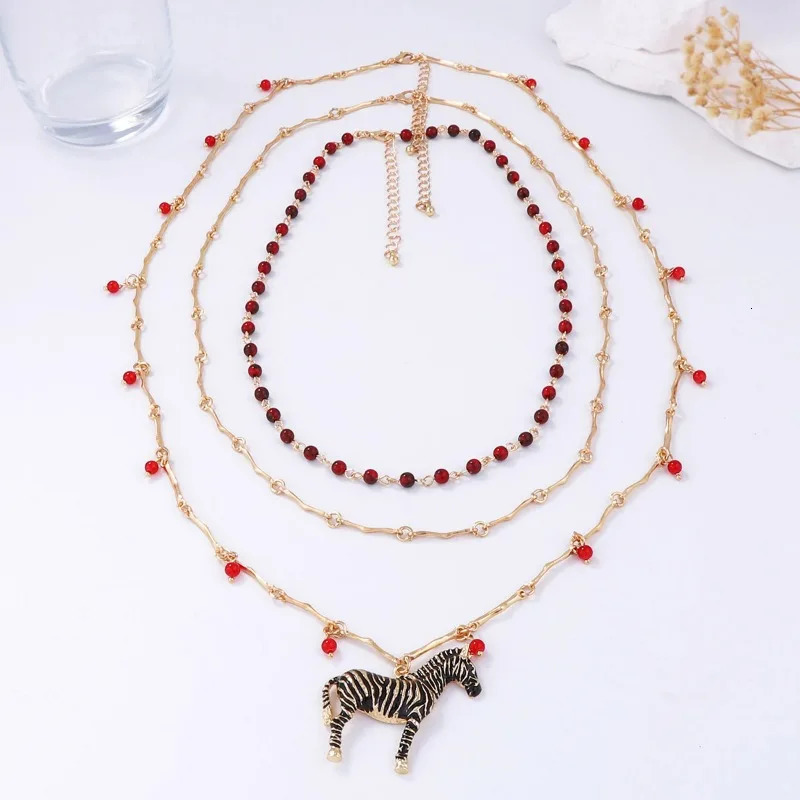 Trendy and Luxurious with Multiple Layers of Stacked Bead Chains Alloy Animal Zebra Pendant Necklace and Accessories 250711