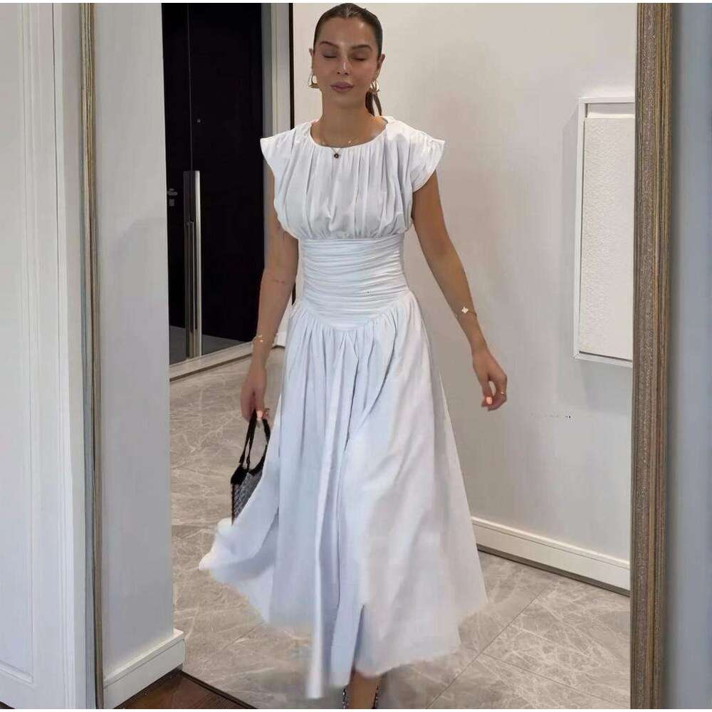 New Sweet Pure Desire Waist-Cinching Slimming A-Line French Style Girl Pleated Patchwork Short Sleeve Mid-Length Dress For Women B5