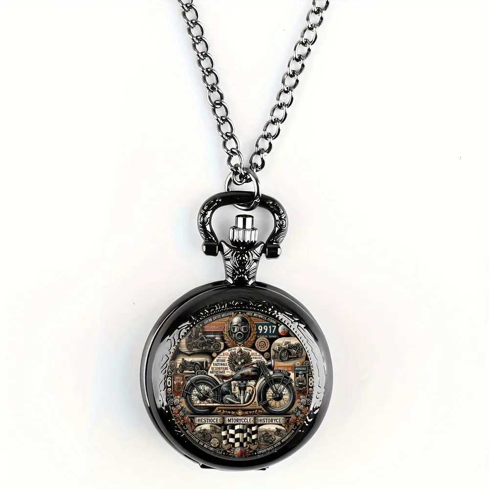 Antique Exquisite Vintage Motorcycle Pattern Design Quartz Pocket Watch - Men Male Kids Fashion Accessory Non-Waterproof Watch Z250714