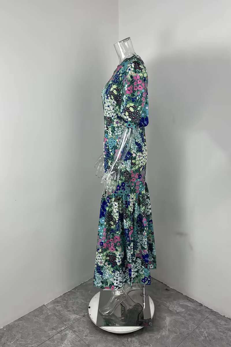 VEITCHE Summer Elegant Women Blue Flower Print Lantern Sleeve And Ankle Slim Bodycon O-neck Pastoral Style Party Dress dongdumaoyi