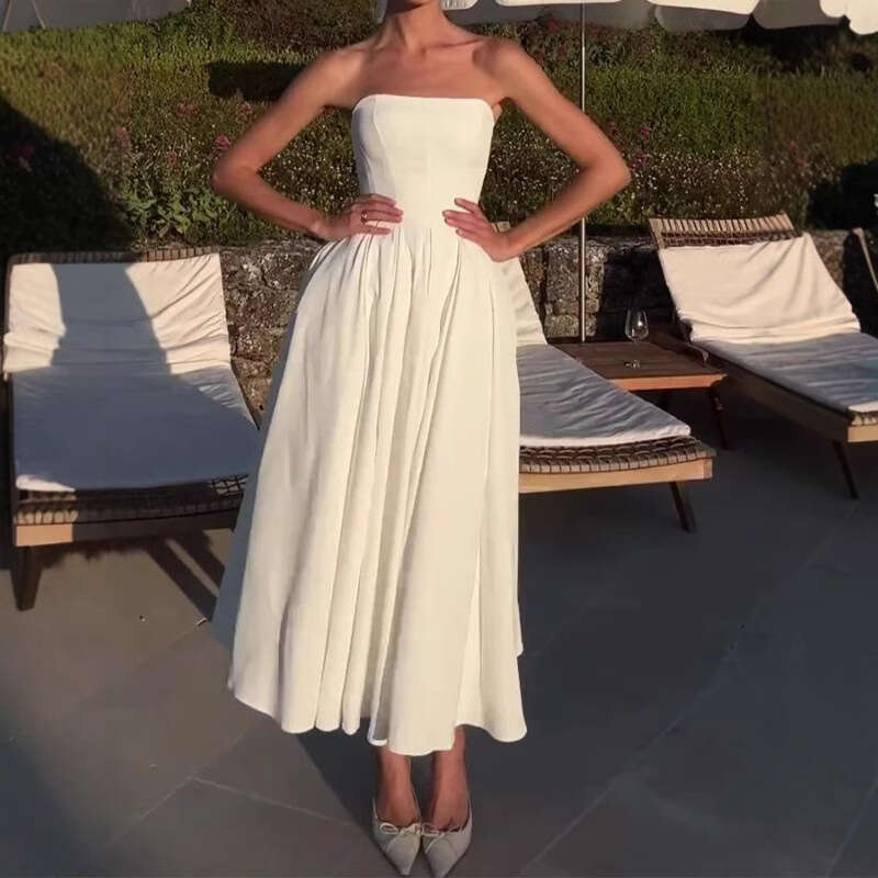 Sexy Women's Summer Outfit Fishbone Strapless Pure Desire Style Hot Girl Slim Fit Backless Midi Dress B5