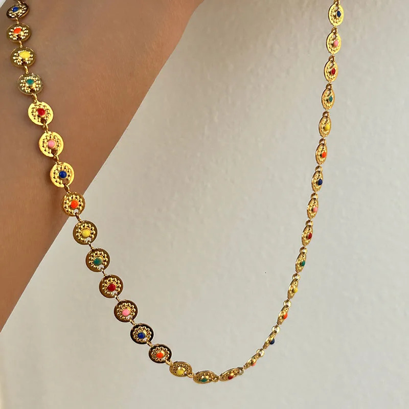 Enamel sun disc choker necklaces stainless steel necklaces for women simple minimalist dainty jewelry summer bohemia jewel 250711