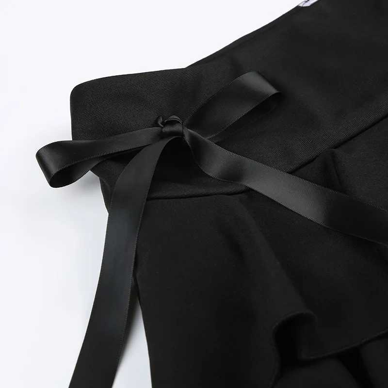 Goth Y2K Black Lace Trim Bow A-Line Mini Skirt for Women Korean Streetwear R250715