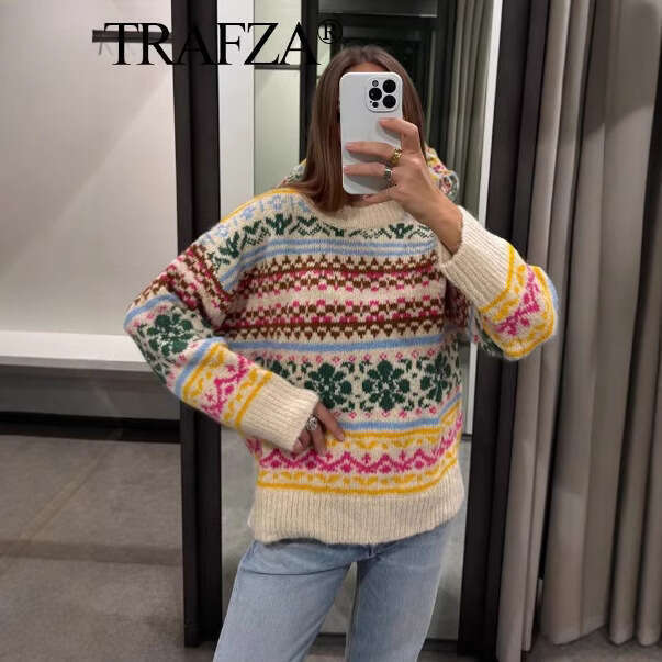 TRAFZA Style Women's New Color-Block Jacquard Loose Long-Sleeve Crew Neck Knit Sweater B5