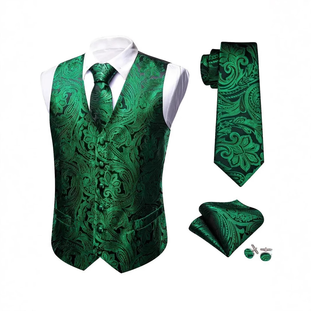 Golden black silk mens vest tie pocket square cufflinks set jacquard waistcoat sleeveless jacket mens wedding business Barry. King 240814