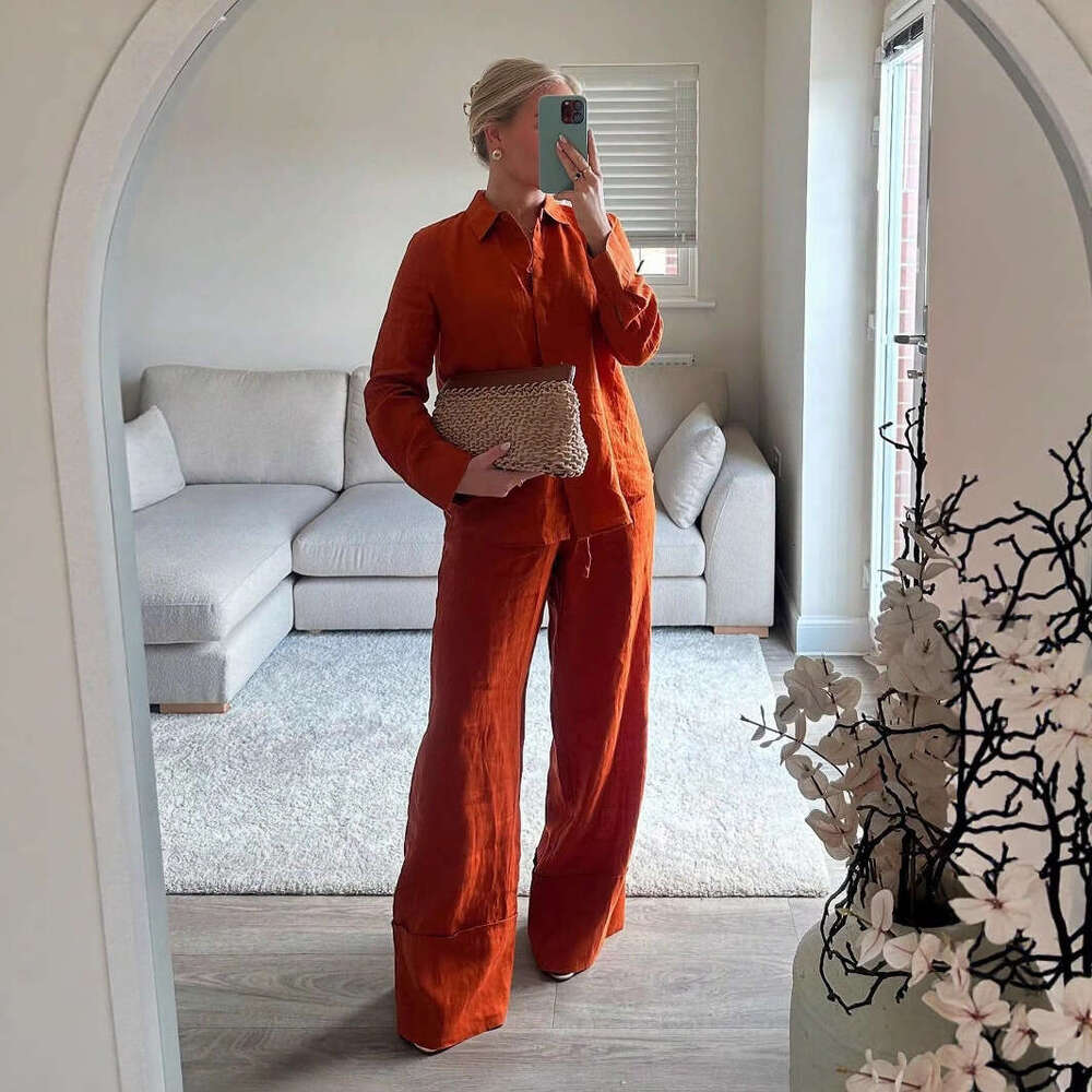 TRAFZA Spring Summer New Style Women's Fashion Casual Turn-Down Collar Long Sleeve Shirt Wide-Leg Pants Set B5