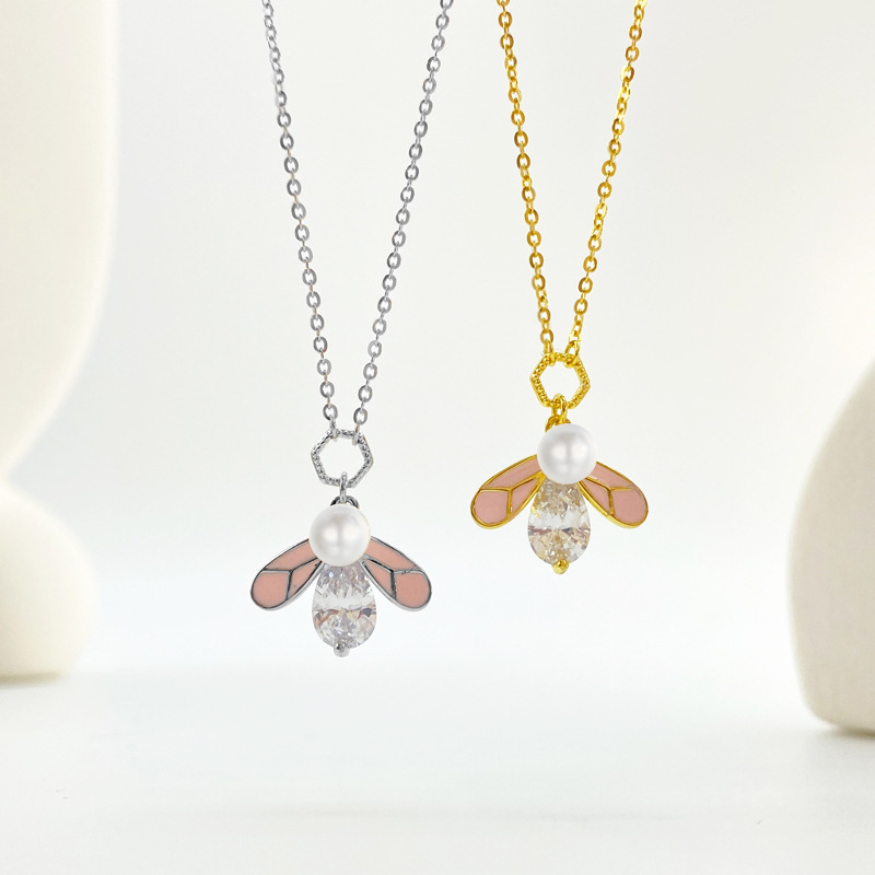 Sterling Silver Bee Pendant Necklace, Pearl & Cubic Zirconia Accent, Dainty Insect - Inspired Jewelry