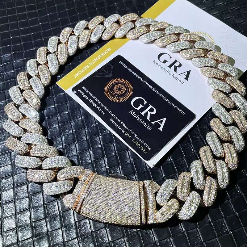 Hip hop jewelry bracelet necklace25mm VVS Moissanite Necklace Fine Jewelry Sterling Sier Gold Finish Hip Hop Miami Cuban Chain Men's Inspiration