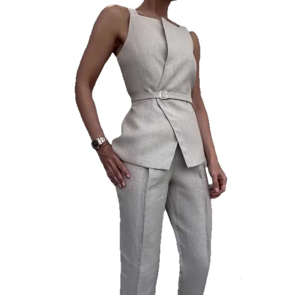 Summer New Women's Belt Solid Color Wide-Leg Pants Elegant Commuter Fashion Set B5