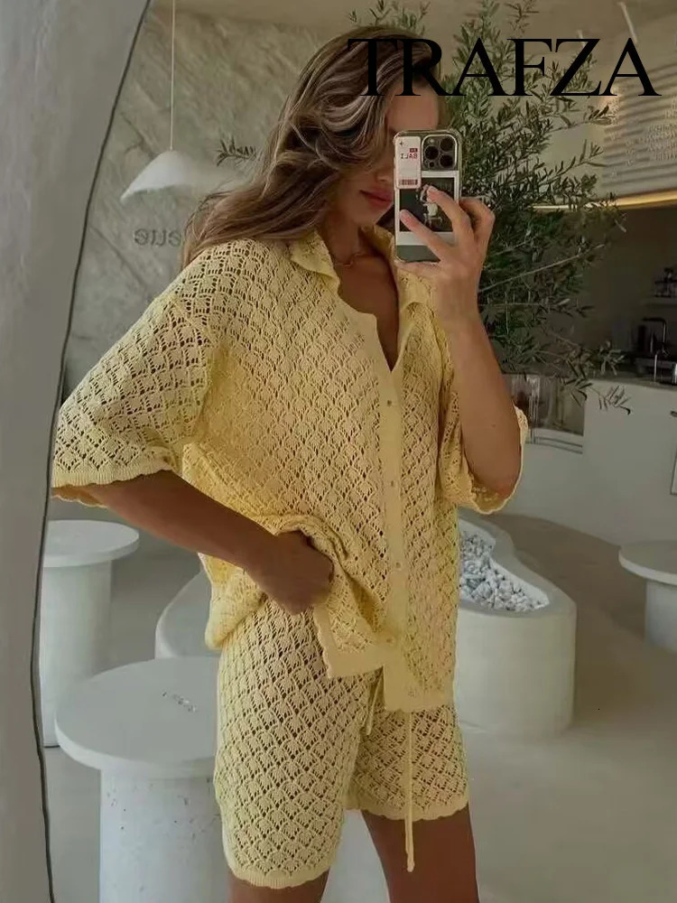 TRAFZA Women 2-Piece Set Knitted Crochet Short Sleeve Lapel Beach Shirt TopSummer Chic Solid High Waist Draw Rope Casual Shorts 250714
