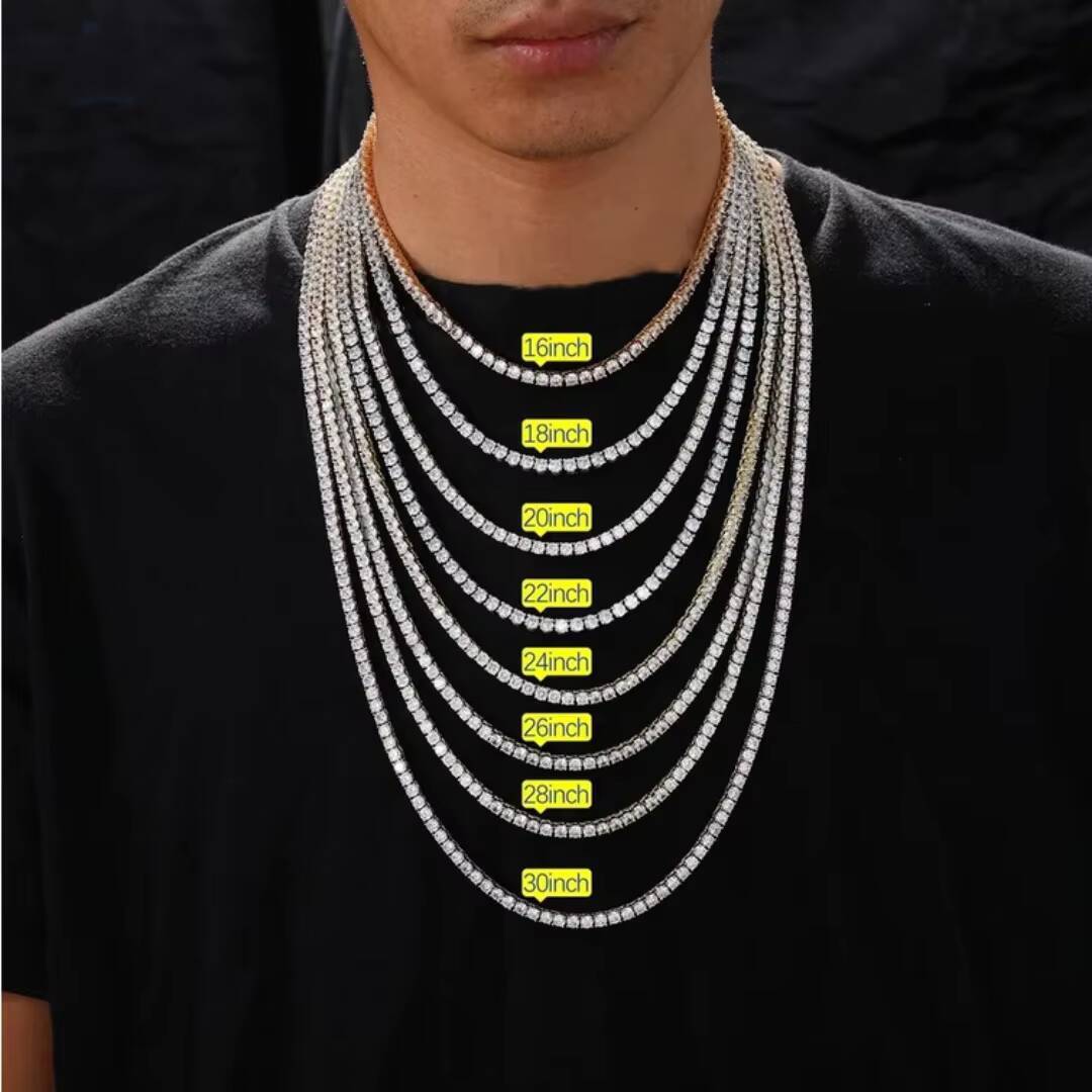 Moissanite Hip Hop Tennis Chain Necklace 4mm 925 Silver with 9K 10K 14K 18K VVS Diamonds Versatile Jewelry
