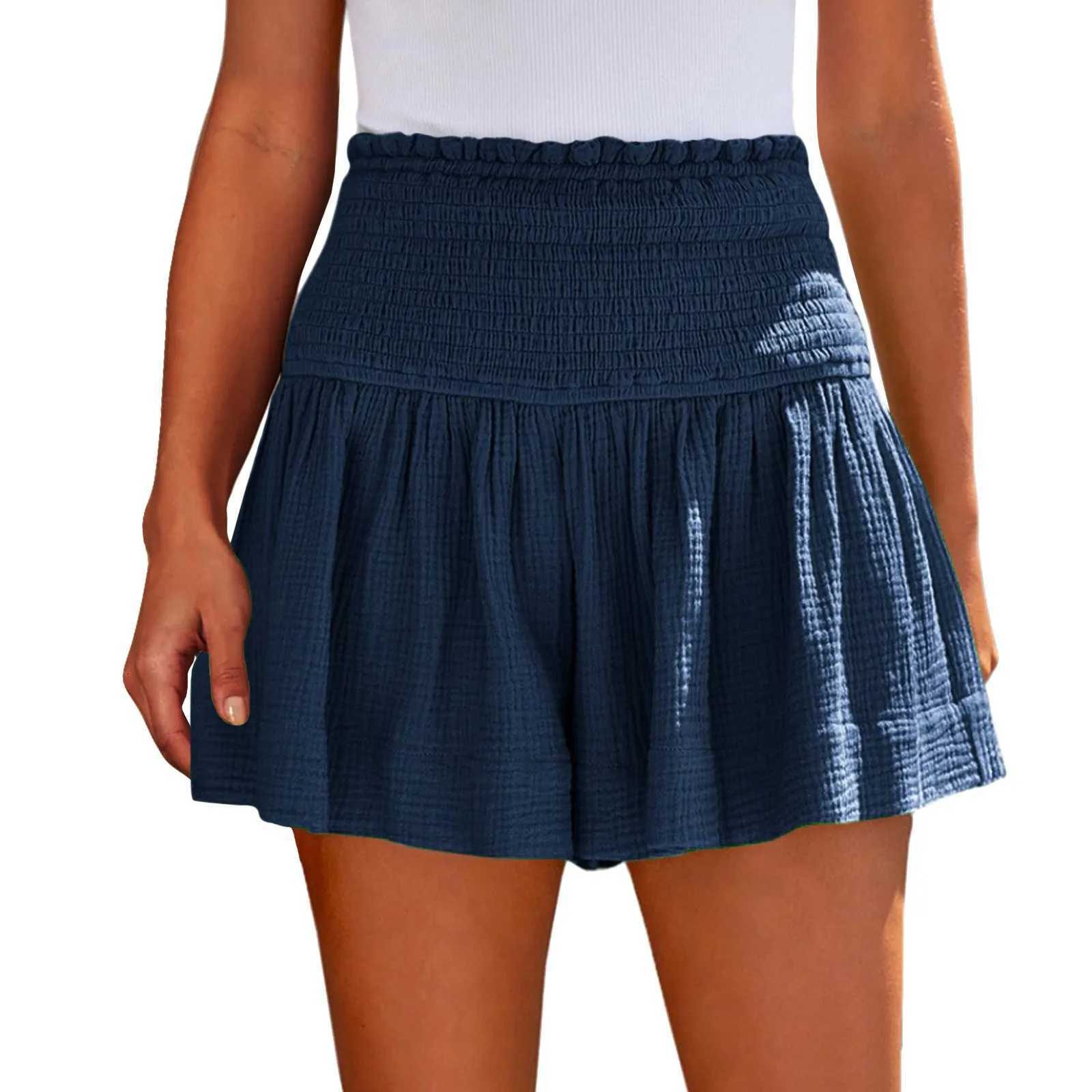 Short Pants With Drawstring High Waist Solid Color Shorts Skirt Thin Linen Wide Leg Women Casual Shorts Outdoor Streetwear R250728