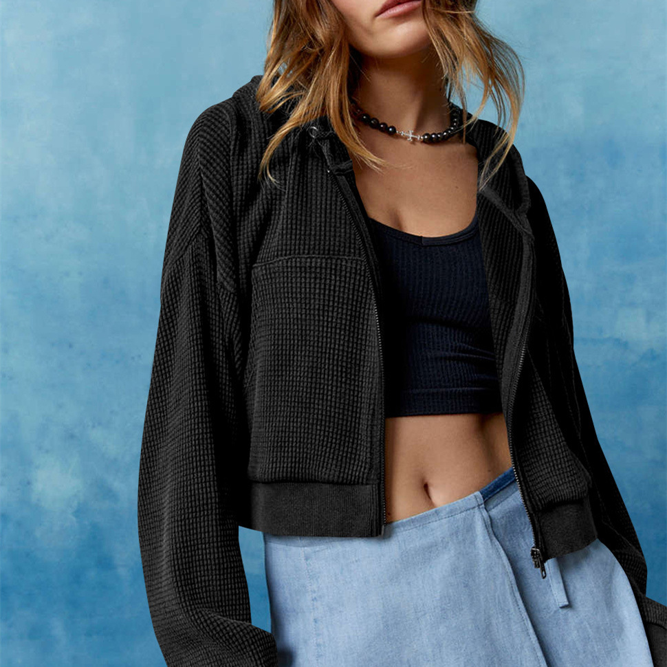 new Free shipping designer for women Casual hoodie women hooded zipper cardigan waffle solid color short jacket