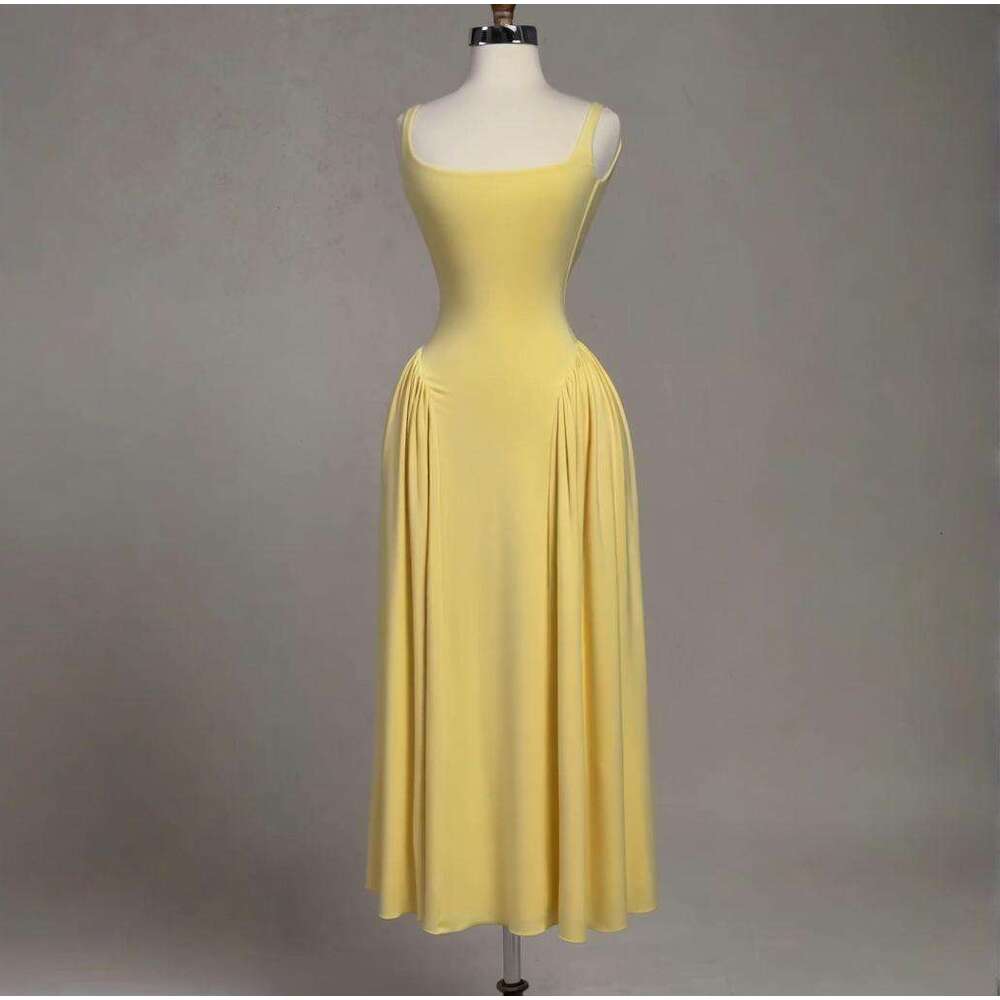 Summer New Women's Solid Color Square Neck Elegant Loose Pleated Sleeveless Plus Size Dress B5