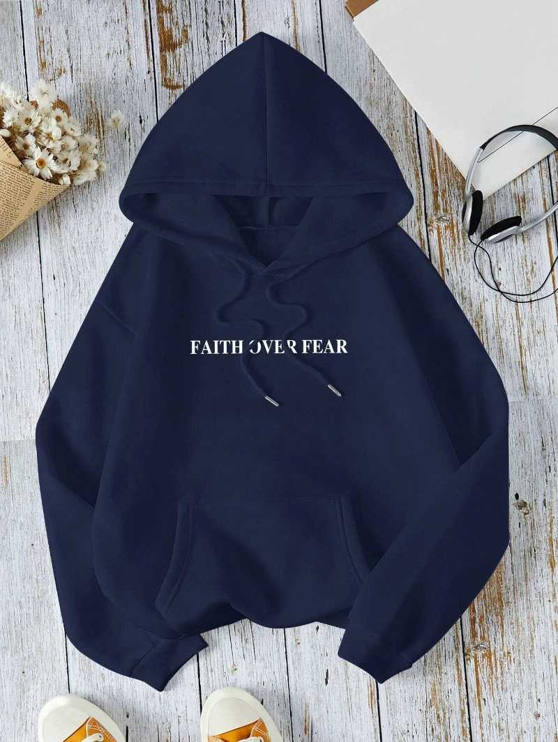 Casual Womens Hoodies Faith Over Fear Letter Printing Sweatshirts Fleece Warm Comfortable Pocket Pullovers Autumn Streetwear X2507151