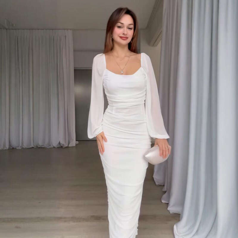 Spring New Women's Pleated Solid Color Waist-Cinching Elegant Fashion Dress B5